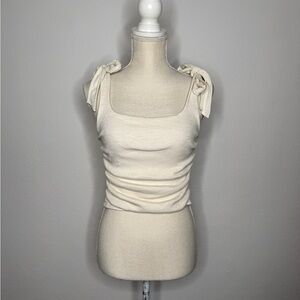 Free People Cream Ruched Shoulder Tie Ribbed Square Neck Tank Top Size XS